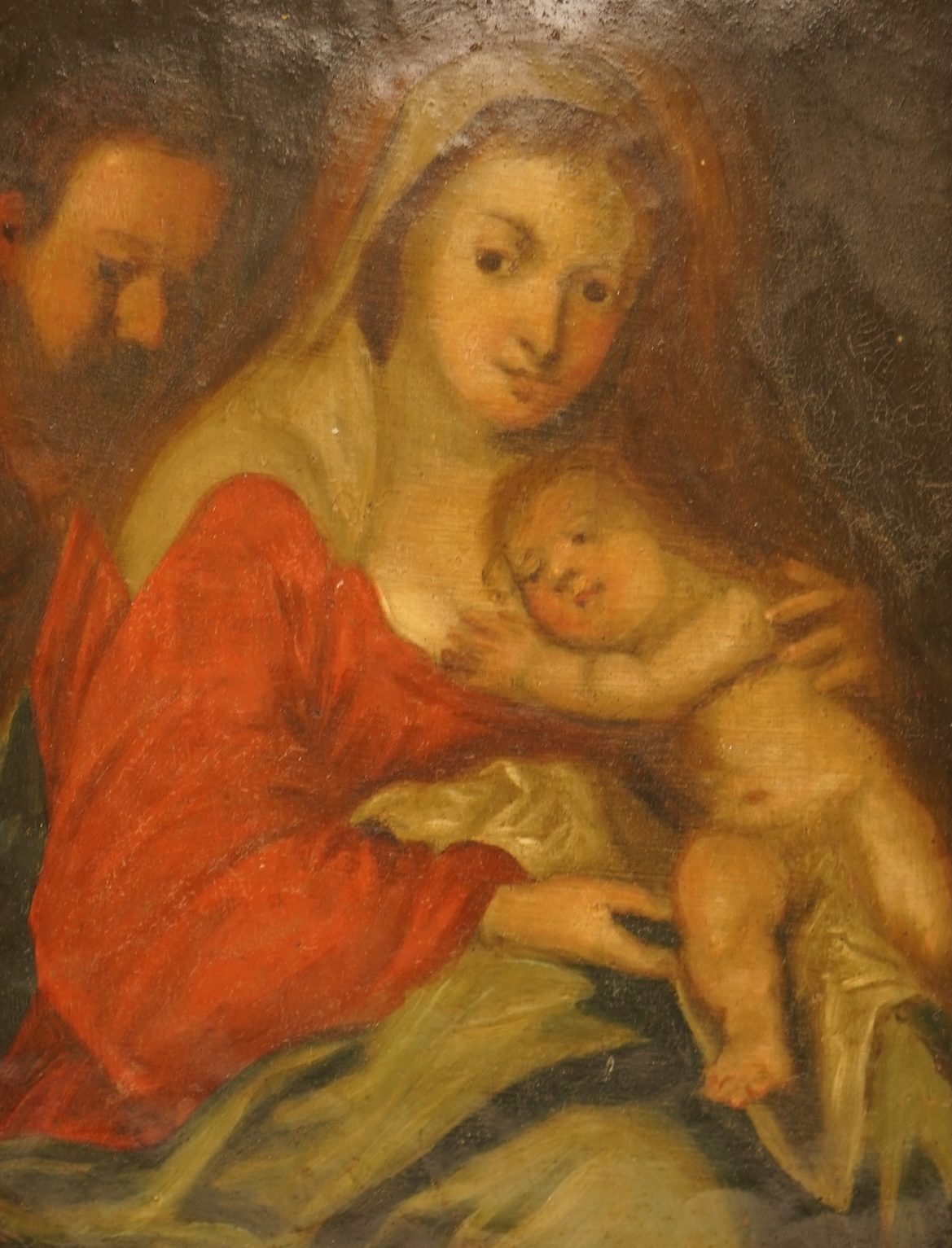 After Caravaggio (Italian, 1571- 1610), ‘The Holy Family’, Old Master style oil on copper panel, with ink inscription verso reading 'From the collection of the late Sir William Drummond Stewart, Murthly Castle’, 20 x 14.